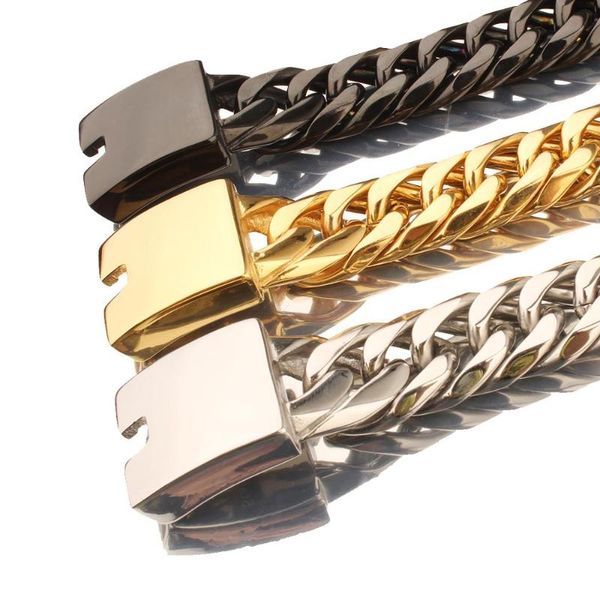 

link, chain christamas gift arrive silver color/gold/black metal stainless steel double cuban 16mm wide mens bracelet bangle 7-11"