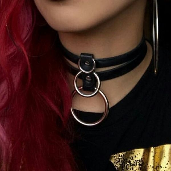 

women punk choker necklace rock handmade real leather torques collar belt fashion button jewelry three o, Silver