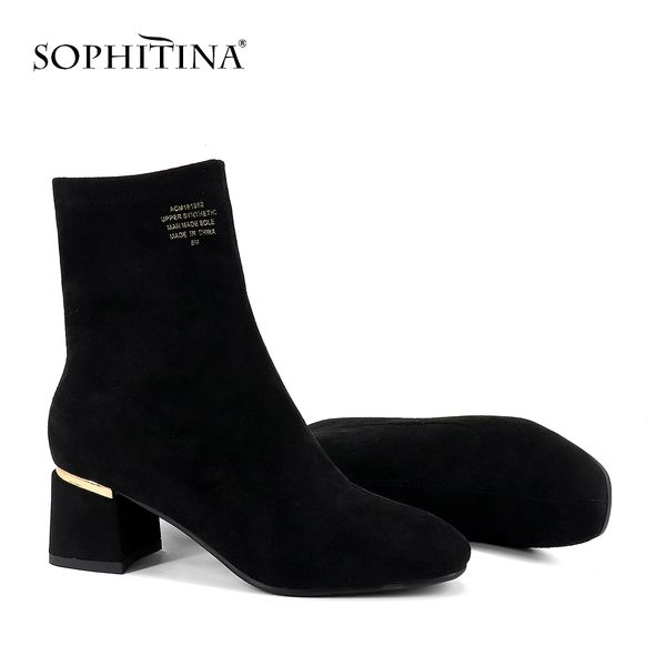 

sophitina fashion ladies boots casual round toe square heel shoes solid handmade 5.5 cm new outside high heel women boots so234, Black