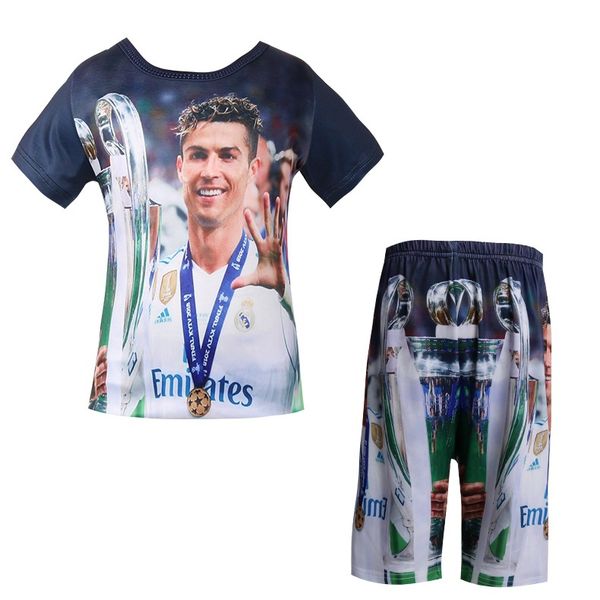 

baby boys t shirt set competition team uniform real football star t-shirt 3d madrid c ronaldo cartoon kids short pant clothes, White