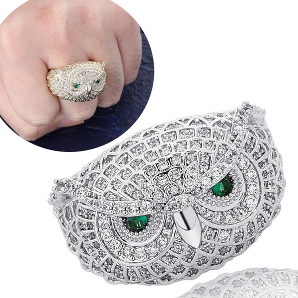 

new personalized guys 18k gold plated cubic zirconia hip hop iced out owl bling finger rings diamond jewelry gifts for men women, Golden;silver