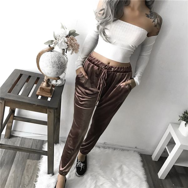 

women autumn new fashion long elastic waist long pants plus size xl velvet champagne gold loose harem trousers streetwear, Black;white