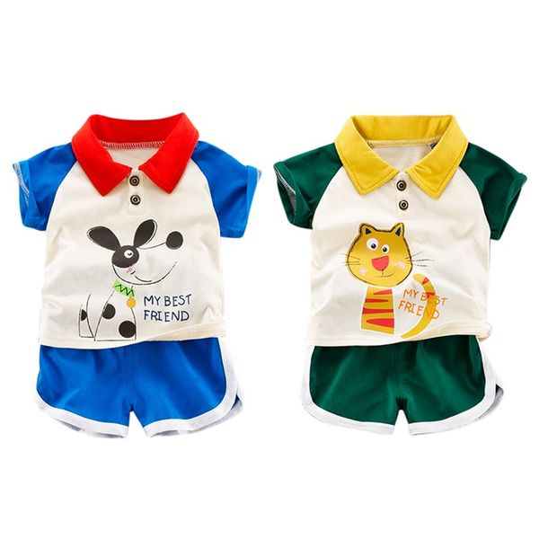 

2pcs/set summer children baby boys girls casual short sleeve cotton cartoon print t-shirt +shorts suits costume set, White