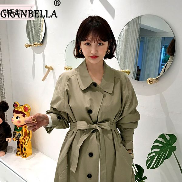

2019 fashion long lace-up trench coats washed women casual design hem solid color loose warm windbreaker waist belt soft coat, Tan;black