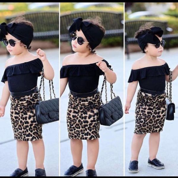 

new stylish toddler baby girl outfit clothes set off shoulder solid color tank shirt high waist leopard sheath skirt summer clothes 1-6y, White