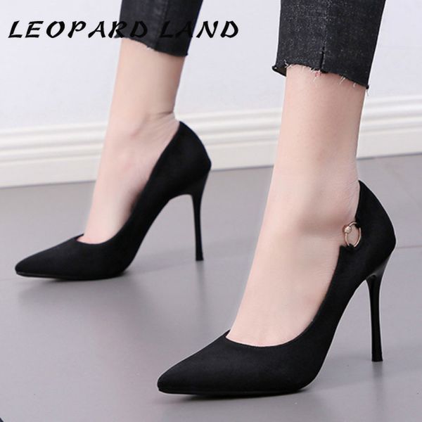 

leopard land 2020 spring fashion shallow mouth pointed high-heeled women's shoes fine heel suede solid women's single shoes, Black