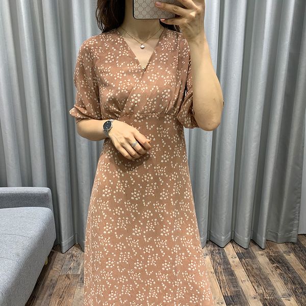 

casual dresses women dress slim waist floral printing v neck pink color clothing 3/4 sleeve 2021 robes, Black;gray