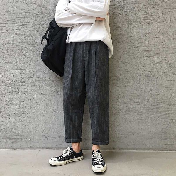 

2020 spring and autumn new youth popular vertical stripe cropped pants fashion casual wild feet pants dark gray / navy m-3xl, Black