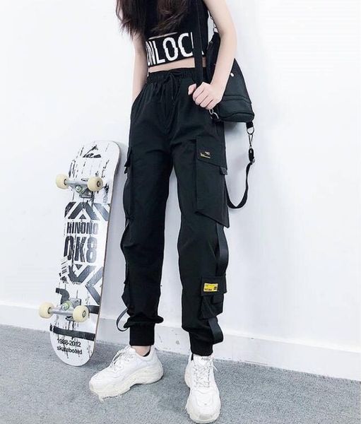 

summer new sporty nine points high waist overalls female korean of loose bf was thin student beam feet casual pants women, Black;white