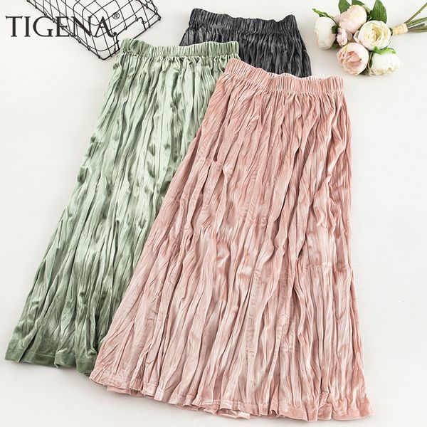 

tigena vintage fold velvet skirt women fashion 2019 korean high waist pleated long maxi skirt female ladies green pink blue, Black