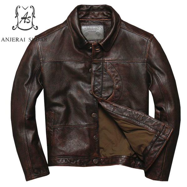 

plus size retro-made cow genuine leather jacket men brown moto single breasted u pocket s-3xl motorcycle coat bomber jackets, Black