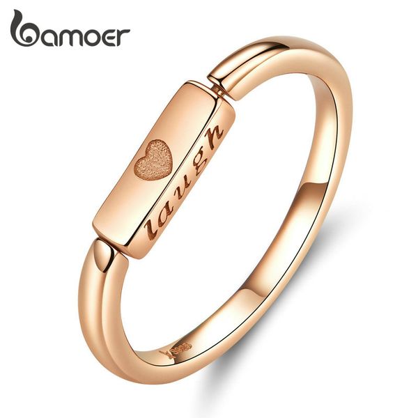 

bamoer real 925 sterling silver rose golden ring simple love heart engraved cuboid ring original design women jewelry gxr587, Golden;silver