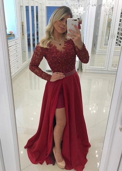 

2019 split side burgundy sheath prom dresses v neck long sleeves beads applique floor length vestidos de evening gowns, Black