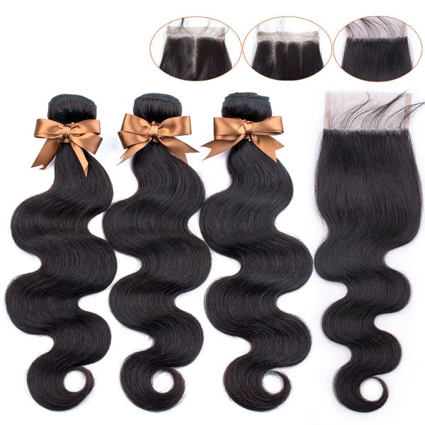 

hair bundles with closure 100% human hair extensions brazilian hair weave 3 bundles body wave bundles with lace closure angelawigs, Black;brown