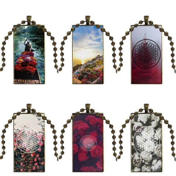

for wedding fashion glass cabochon pendant necklace women bronze color choker rectangle necklace flower of life bring me horizon, Silver
