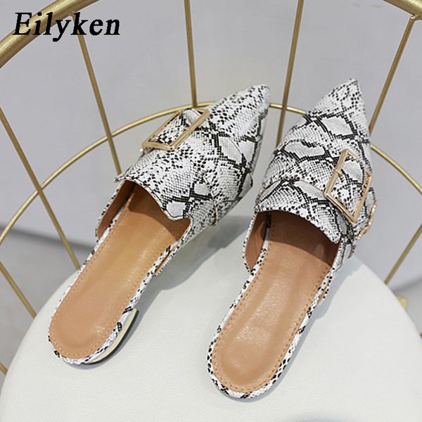 

eilyken ladies mules slippers pointed toe outside women shoes metal decoration flat heel slippers serpentine shoes size 35-41, Black