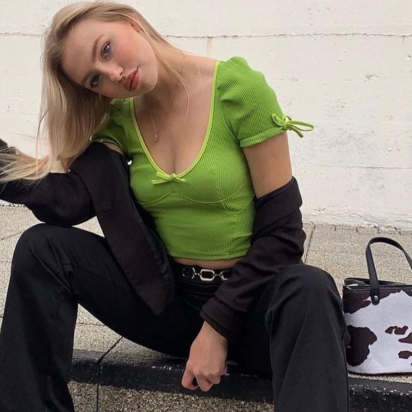 

neon green soft ribbed knitted cute bodycon crop women t-shirts 2020 autumn fashion casual puff sleeve bow tees mujer, White