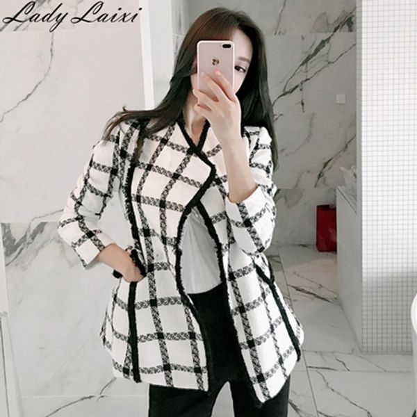

korean new fashion 2019 runway designer wool coat pocket woolen jacket women's plaid tweed tassel coat, Black;brown