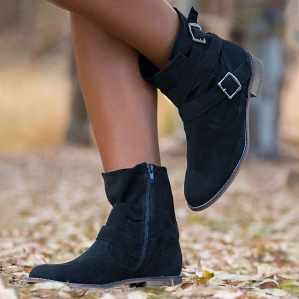 

winter shoes women heel boots winter 2019 woman new fashion buckle and zipper solid warm autumn ladies ankle boots, Black