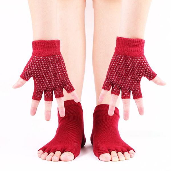 

ladies yoga gloves socks set sport pilates ballet dance socks five half fingers silicone dots non-slip gloves, White;red