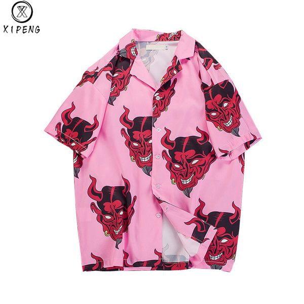

hip hop streetwear shirts men devil full printing short sleeve summer floral rapper harajuku loose hawaiian korean shirts camisa, White;black