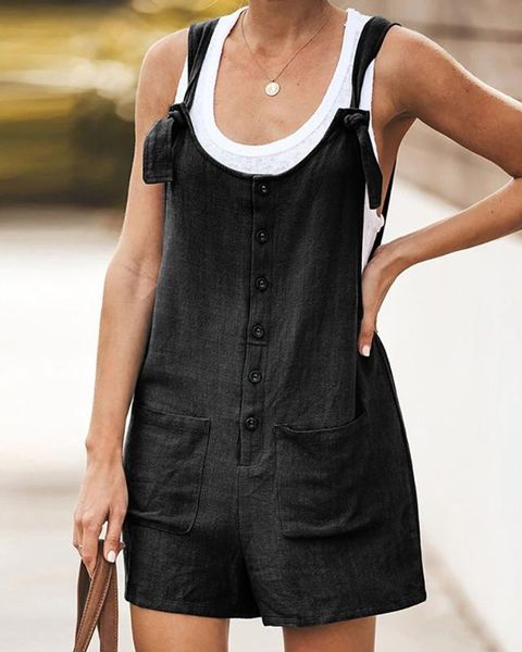 

2020 women overall button pocket design casual romper strap knot cotton linen summer playsuit sleeveless bodysuits female, Black;white