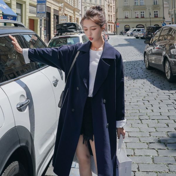 

ewq] 2020 autumn long sleeve trench coat outwear plus size women casual windbreaker double-breasted lace ladies overcoat laides, Tan;black