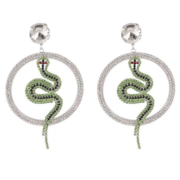 

luxury zirconia big circle green-snake rhinestone full diamante women drop earrings hyperbole chinese zodiac jewelry s925-needle, Silver