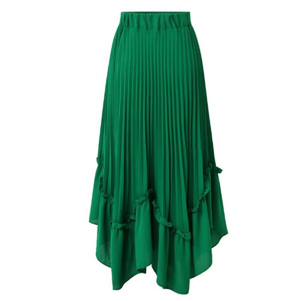 

autumn women long skirt green black elastic waist ruffle long pleated asymmetrical skirt plus size chiffon 4xl jupe longue