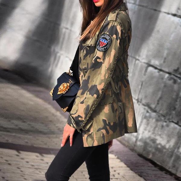 

autumn women camouflage jacket women rivets affixing pockets drawstring cool baseball jackets female long sleeves casual jackets, Black;brown