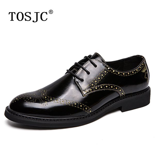 

tosjc brand men fashion vintage carved brogue shoes lace up dress oxfords shoes man breathable party wedding big size 46, Black