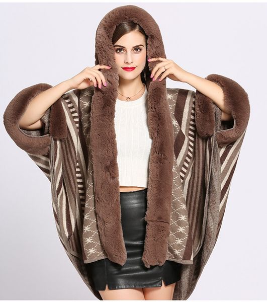 

женщина куртка женская имитация рекс кролик меховой воротник с капюшоном вязаная шаль накидка пальто шанца женщин пончо толстовка одежды, Black