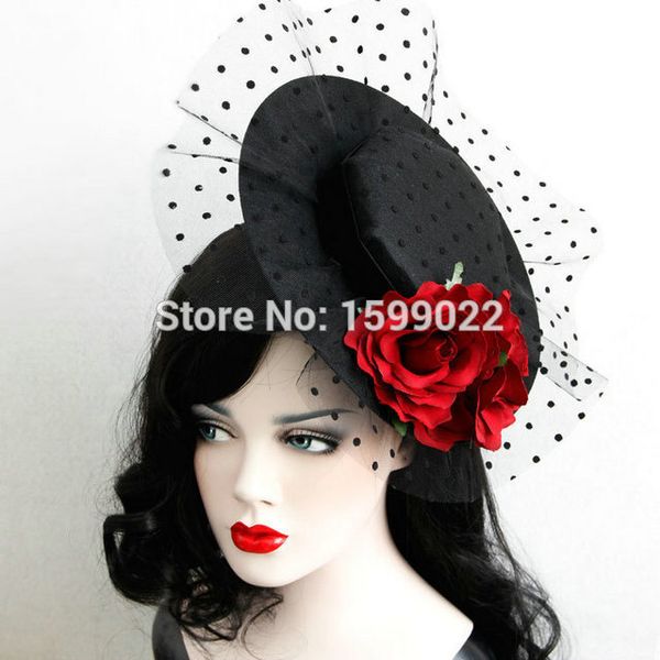 

black lady women hat hair clip victorian veil rose headdress cocktail wedding party church prom headpiece, Golden;white
