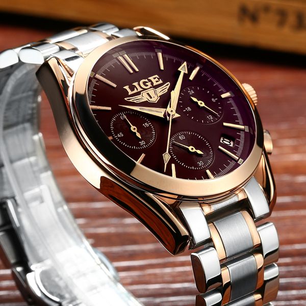 

watches men lige brand full steel watches men's quartz clock men business watch sport waterproof wristwatch man relojes, Slivery;brown