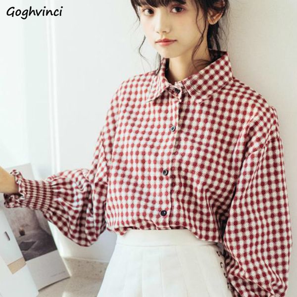 

shirts women plaid daily petal sleeve turn-down collar with buttons ulzzang harajuku womens students korean style comfortable, White