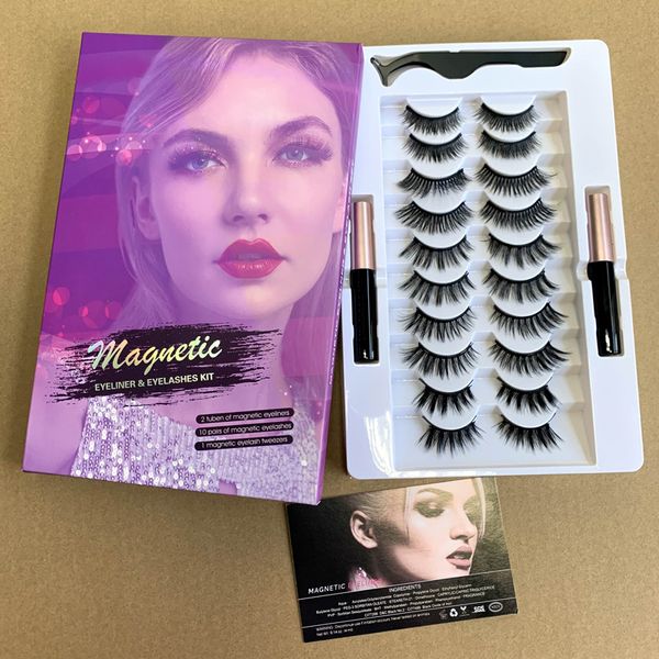 Verbessertes 10 Paar magnetische Wimpern, doppeltes flüssiges Eyeliner-Set mit Pinzette, wiederverwendbar, 3D-6D-falsche Wimpern, magnetischer Eyeliner, natürlich, ohne Kleber