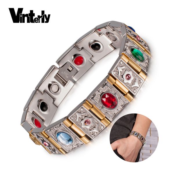

vinterly wrist band magnetic bracelet men stainless steel gold-color chain bracelets bangles crystal energy germanium bracelets, Golden;silver