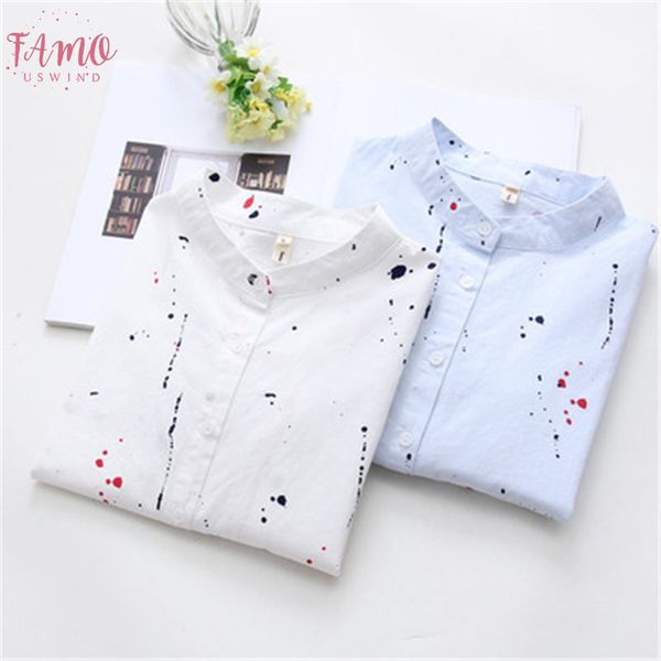 

school blouses 2020 women autumn new simple graffiti printed long sleeve shirt women white blue shirt wholesale female