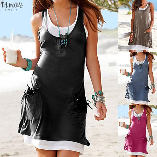 

dress 2020 summer women casual o-neck pocket boho dress sleeveless casual mini beachwear dress sundress vestido @122, Black;gray