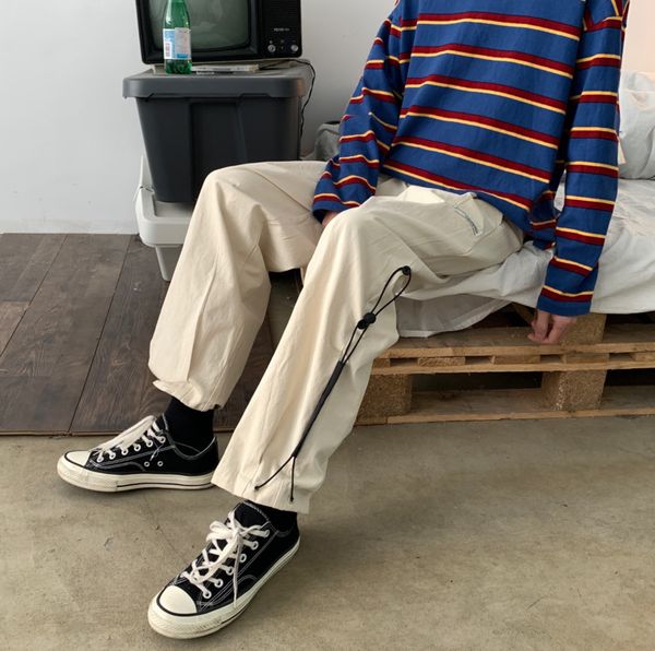 

2020 spring and autumn new youth popular solid color label wild wide-leg pants fashion elastic y casual pants black / white