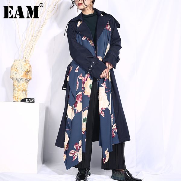 

eam] 2019 new autumn lapel long sleeve dark blue loose long pattern printed big size windbreaker women trench fashion jo554, Tan;black