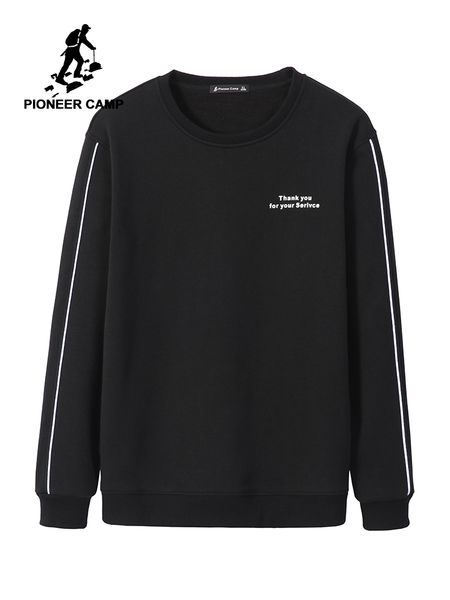 

pioneer camp 2019 autumn hoodies men casual crew neck dark blue letter pattern stripe fleece cotton sweatshirt male awy902241, Black