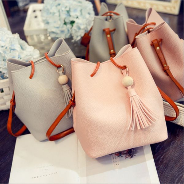 

new vintage fashion small women leather bucket bag handbag tassel drawstring shoulder bag messenger crossbody bags purses