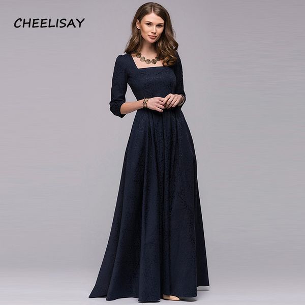 

women vintage square collar long dress new elegant solid color 3/4 sleeve party vestidos casual spring autumn dress, Black;gray