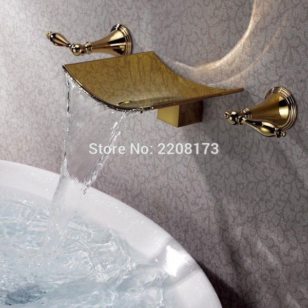 Hohe Qualität Gold Finish Wasserfall Auslauf Badewanne Wasserhahn Wand Halterung 3 Loch Bad Mischbatterie Torneiras Banho Wasser Ventil badezimmer