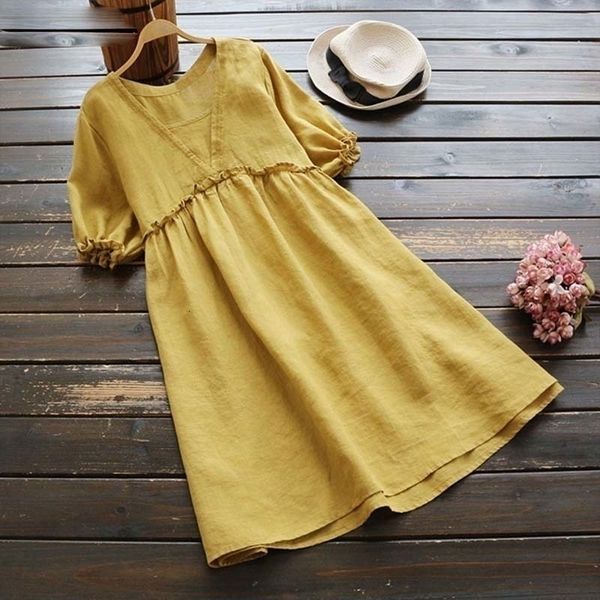 

summer dresses woman clothing 2019 women vintage short sleeve solid loose ruffles shirt summer long casual linen dress mini vestido, Black;gray