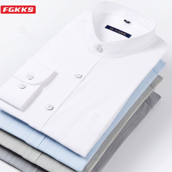 

fgkks casual brand men long-sleeved shirt men's solid color stand collar fashion wild shirts slim fit casual shirt male, White;black