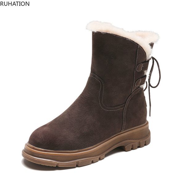 

women's winter snow boots flock thick soles middle tube plush warm round toe back lace up cotton ankle shoes, Black