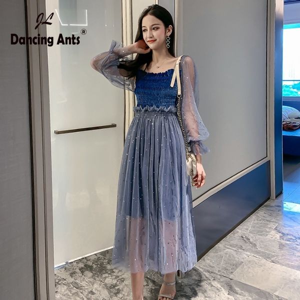 

women a-line dress square collar mesh patchwork long puff sleeve slim dress trend 2020 summer new femme elegant sequins dresses, Black;gray