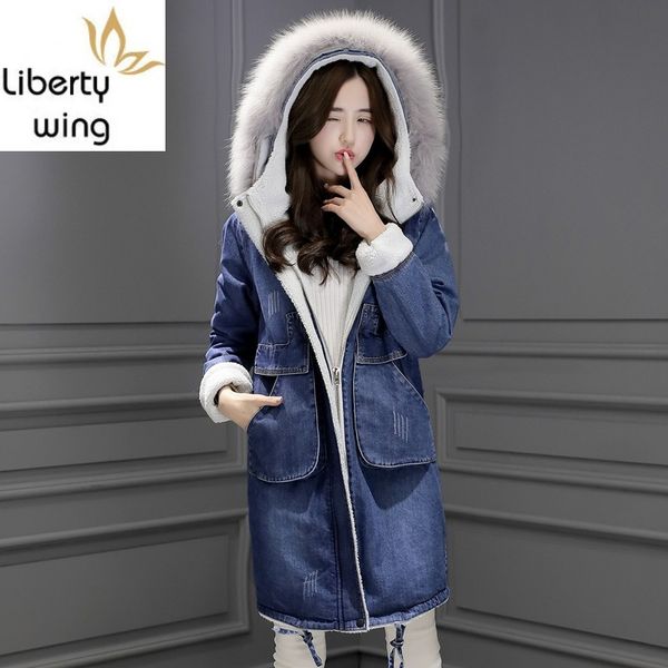 

real hooded denim warm thick coats winter fur lining new fashion long sleeved women slim fit, Tan;black